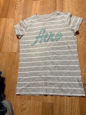 Aeropostale Gray & White Striped Tee with Teal Logo